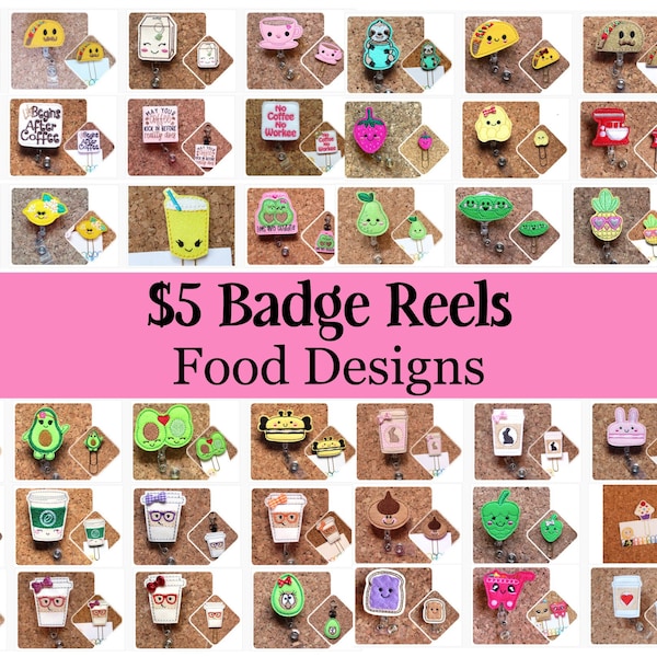 Food Badge Reel ID Holders, retractable with your choice of design, Nutritionist Dietician Taco Pineapple Cupcake Coffee Fruit Vegetable