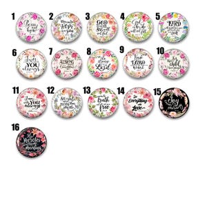 a bunch of buttons with different sayings on them