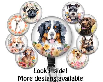 Dog Badge Reel ID Holder available in belt, swivel or pinch clip. Bernese Mountain Dog, Pug, Labrador, Sheperd, Yorkie, Corgi, Dachshund