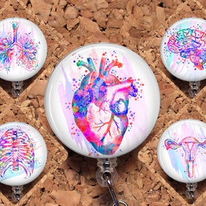 Organ Badge Reel, Water Color Anatomy, Heart, Lungs, Ribs, Brain, Uterus Retractable Badge Reel, Lanyard, Carabiner, B1044