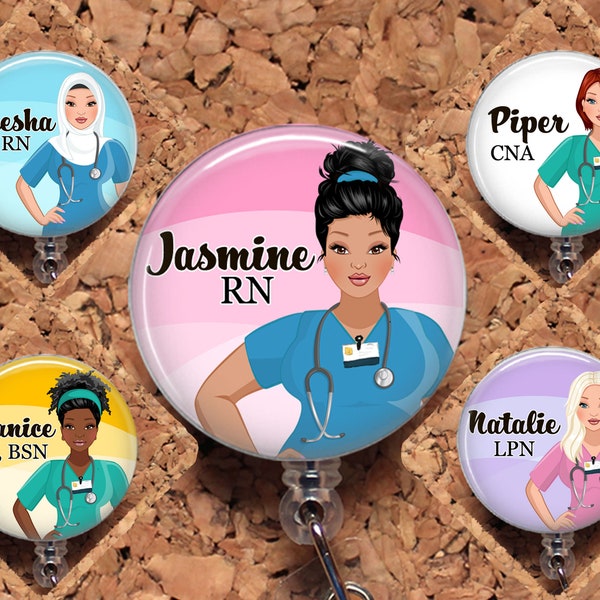 Nurse Badge Reel, Personalized Retractable ID Holder, Custom Lanyard, Hair Choice Carabiner, Stethoscope, RN CNA  N1065