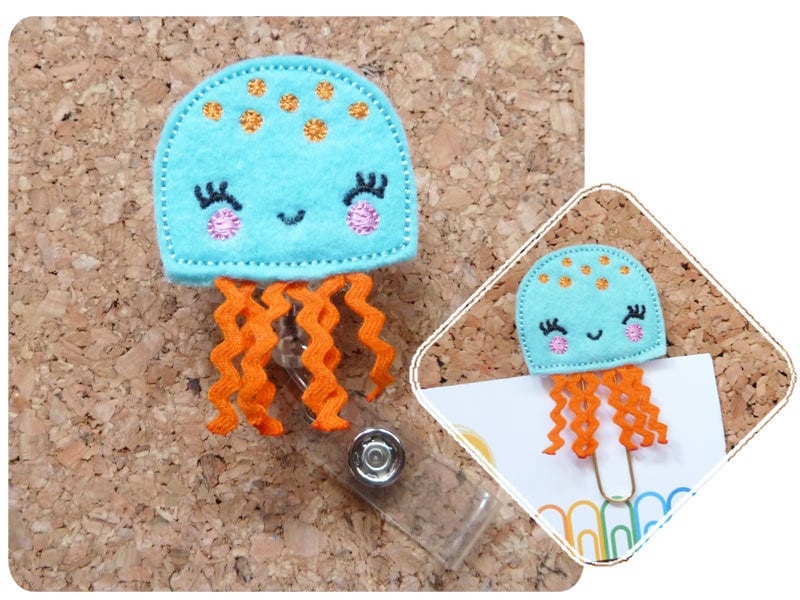 Jellyfish Badge Reel, Summer ID Badge Reel,  Blue Felt Badge Reel, Re…