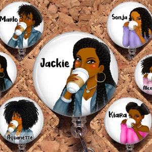 Black Woman Badge Reel, Coffee or Tea Personalized Retractable ID Holder, African American Customized Lanyard, 8010