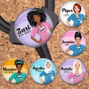 May include: Six colourful round buttons featuring images of women in nurse uniforms. Each button displays a name and job title, for example, "Zuri RN BSN", "Piper LPN", "Jasmine RN", "Ayesha RN", "Shanice RN BSN", and "Natalie CNA".