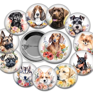 Dog Breed Pinback Buttons, Puppy Party Favors, Set of 12