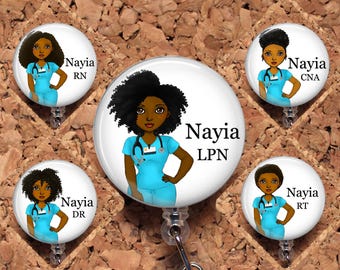 Black Nurse Badge Reel, Personalized Retractable ID Holder, African American Customized Lanyard, Natural Hair Carabiner, N1059