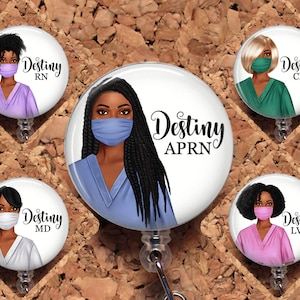 Nurse Badge Reel, African American, Black Woman,  7 Scrub Colors, 12 Characters, Medical Worker RN  N1078