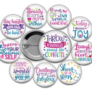 Positive pinback buttons, Kindness, Motivational flatbacks, Party Favors, DIY Badge Reel Supplies,  Set of 10