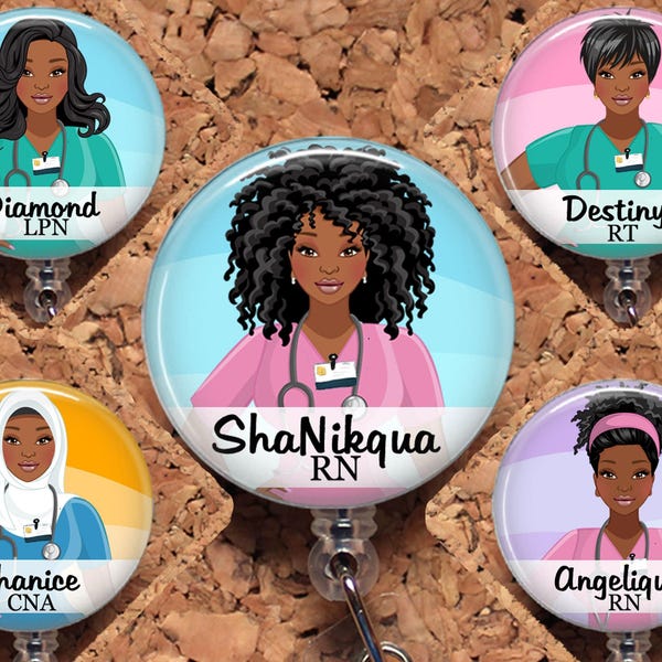 Zwarte verpleegkundige badgehouder, gepersonaliseerde intrekbare ID-houder, op maat gemaakt lanyard voor Afro-Amerikanen, keuze uit verschillende haarkleuren, stethoscoop, RN LPN 8053