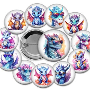 Dragon Pinback Buttons, Magic Party Favors, Set of 12