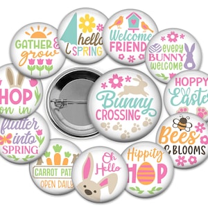 Peut inclure: Ensemble de badges ronds et blancs avec des motifs printaniers et de Pâques. Les badges présentent des graphiques colorés et du texte tels que "Bunny Crossing", "Hoppy Easter" et "Hello Spring".