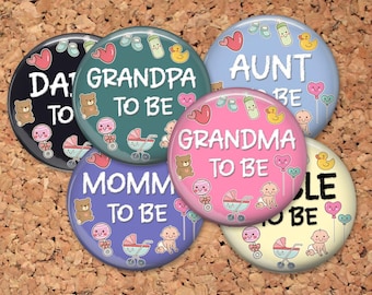 Custom Baby Shower Pin-Back Buttons, Mommy, Daddy, Aunt