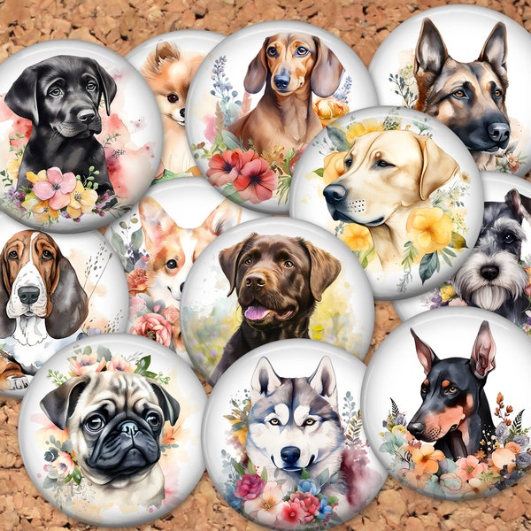 Dog buttons, pins, flat backs or magnets (lot of 12 or 20), Puppy Party Favors, DIY Badge Reel Supplies, Animal Gifts, Pinback Buttons