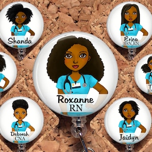 African American Nurse Badge Reel, Black Nurse Customized Lanyard, Retractable ID Holder, 16 Hair Choices, Name Personalized,  8005