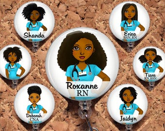 African American Nurse Badge Reel, Black Nurse Customized Lanyard, Retractable ID Holder, 16 Hair Choices, Name Personalized,  8005