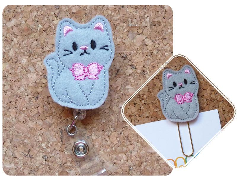 Gray Kitty Cat Badge Reel ID Holder, Paperclip,  Felt Badge Reel, Lan…