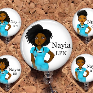 Black Nurse Badge Reel, Personalized Retractable ID Holder, African American Customized Lanyard, Natural Hair Carabiner, N1059