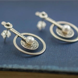 Oxidized Sterling Silver Stud Earrings: Freshwater Pearl, Contemporary Design