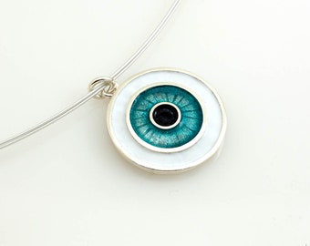 Good Luck Pendant, Greek Evil Eye Necklace, Sterling Silver, Enamel, Handmade Jewelry