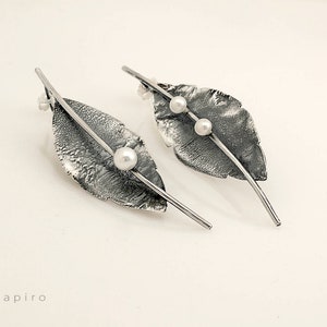 Long Stud Earrings, Sterling Silver, Pearls, Textured, Raw, Reticulation, Oxidized, Leaves, Diapiro, Contemporary Jewelry