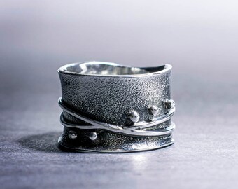 Oxidized Sterling Silver Wide Band Ring: Handmade Granulated Jewelry