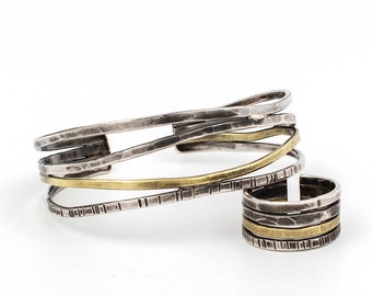 Adjustable Ring and Bracelet Set, Handmade Sterling Silver and Bronze, Abstract, Textured, Contemporary jewelry
