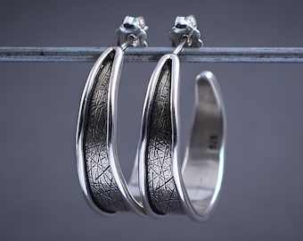 Textured Sterling Silver Hoop Earrings: Handmade 2.8cm