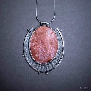 Fossil Coral Gemstone Necklace: Oxidized Silver Pendant