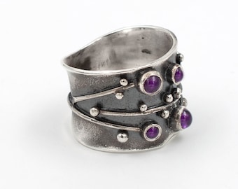 Handmade Sterling Silver Large Amethyst Ring: Artistic Gemstone Jewelry
