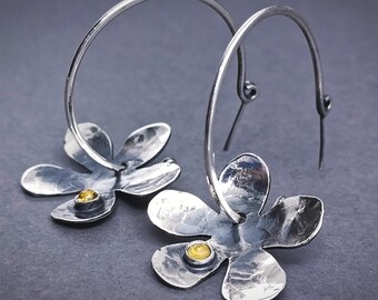Handcrafted Daisy Gemstone Hoop Earrings - Hammered Sterling Silver Boho Dangle with Tourmaline or Amethyst