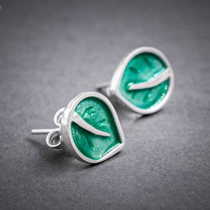 Sterling Silver Green Enamel Leaf Stud Earrings