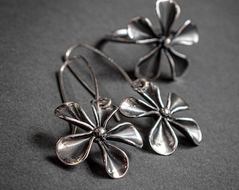 Flower ring earrings set, floral bold silver jewelry set