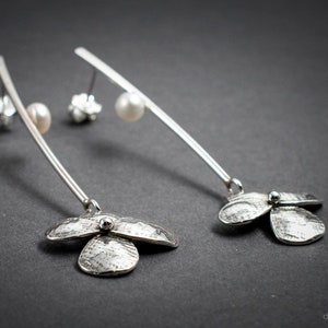 Long Sterling Silver Flower Earrings with Pearls