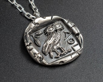 Ancient Coin Necklace Athena Owl Mens Pendant, Silver Athenian Tetradrachm Replica