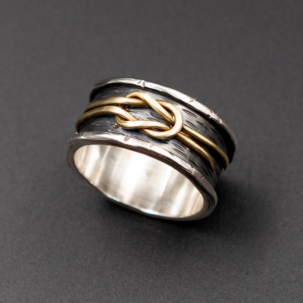 Silver Knot Mens Ring, Silver Bond Ring, Oxidized Silver and Brass, Classic Greek Jewelry