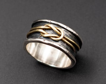 Oxidized Sterling Silver Knot Ring: Greek Style Brass Detail