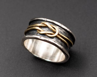 Silver Knot Mens Ring, Silver Bond Ring, Oxidized Silver and Brass, Classic Greek Jewelry