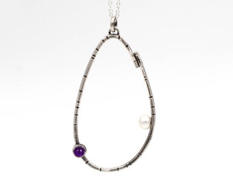 Modern Dainty Necklace Sterling Silver, Teardrop Statement Necklace, Large Pendant Chain Necklace with Amethyst and Pearl