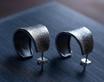 Handcrafted Thick Sterling Silver Huggie Hoop Earrings, Aesthetic Jewelry