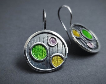 Modern Art Earrings, Drop Earrings, Enamel Earrings, Colorful Earrings, Sterling Silver Round Earrings Enameled