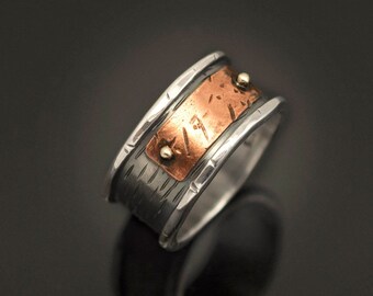 Oxidized Sterling Silver Biker Ring: Copper Inlay, Brutalist Style