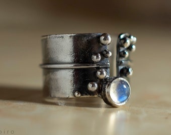 Moonstone Ring Adjustable Size, Silver Ring with Gemstone, Textured Ring Band Granulated