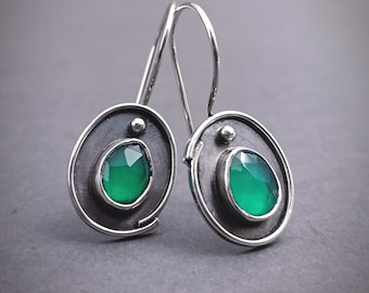 Green Onyx Gemstone Earrings, Handcrafted Drop Earrings, One of a kind Silver Jewelry
