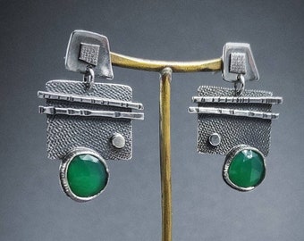 Eccentric Earrings Dangle, Dark Green Earrings, Green Onyx Earrings, One of a kind Gemstone Jewelry