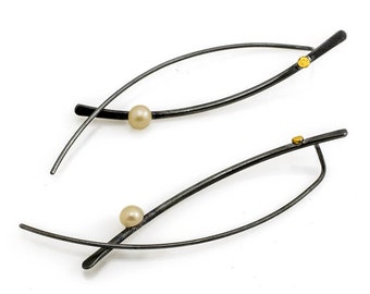 Threader Earrings Silver 925, Silver and Pearls Dainty Threaders, Black Patina Silver Earrings, Contemporary Jewelry