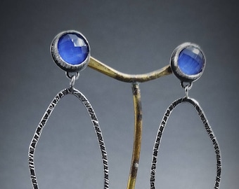 Handmade Lapis Hoop Earrings: Hammered Sterling Silver Dangle