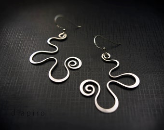 Silver Curved Long Earrings, Handmade Wire Earrings, Contemporary Jewellery, Drop Earrings