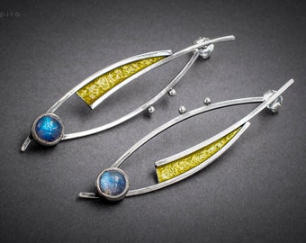 Rainbow Moonstone Earrings Dangle, Long Stud Earrings, Sterling Silver Enameled Earrings, Artistic Jewelry