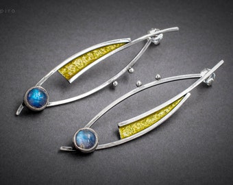 Rainbow Moonstone Sterling Silver Dangle Earrings: Enameled Artistic Jewelry