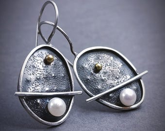 Elegant Pearl Drop Earrings, Modern Silver Dangle with Bronze Accents for Special Occasions